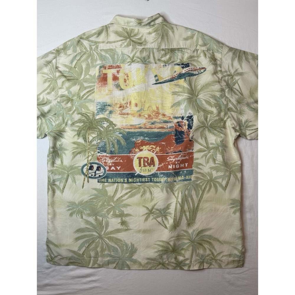 Tommy Bahama Men's L Camp Shirt Green Air Travel Palm Tree All Over 100% Silk